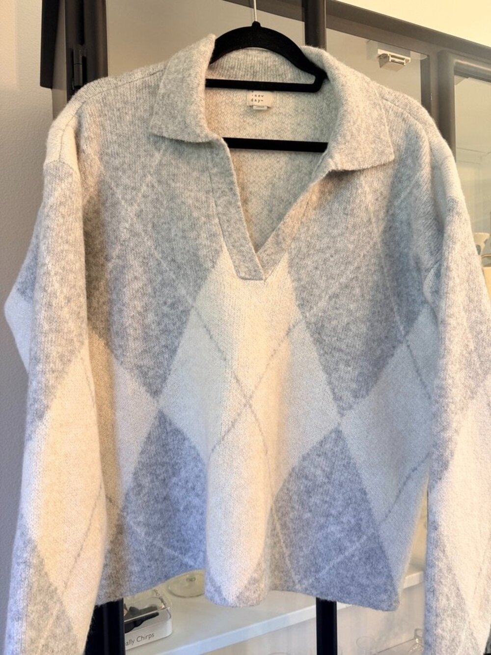 A New Day Argyle Polo Collar Knit Sweater Gray White Size M NWOT